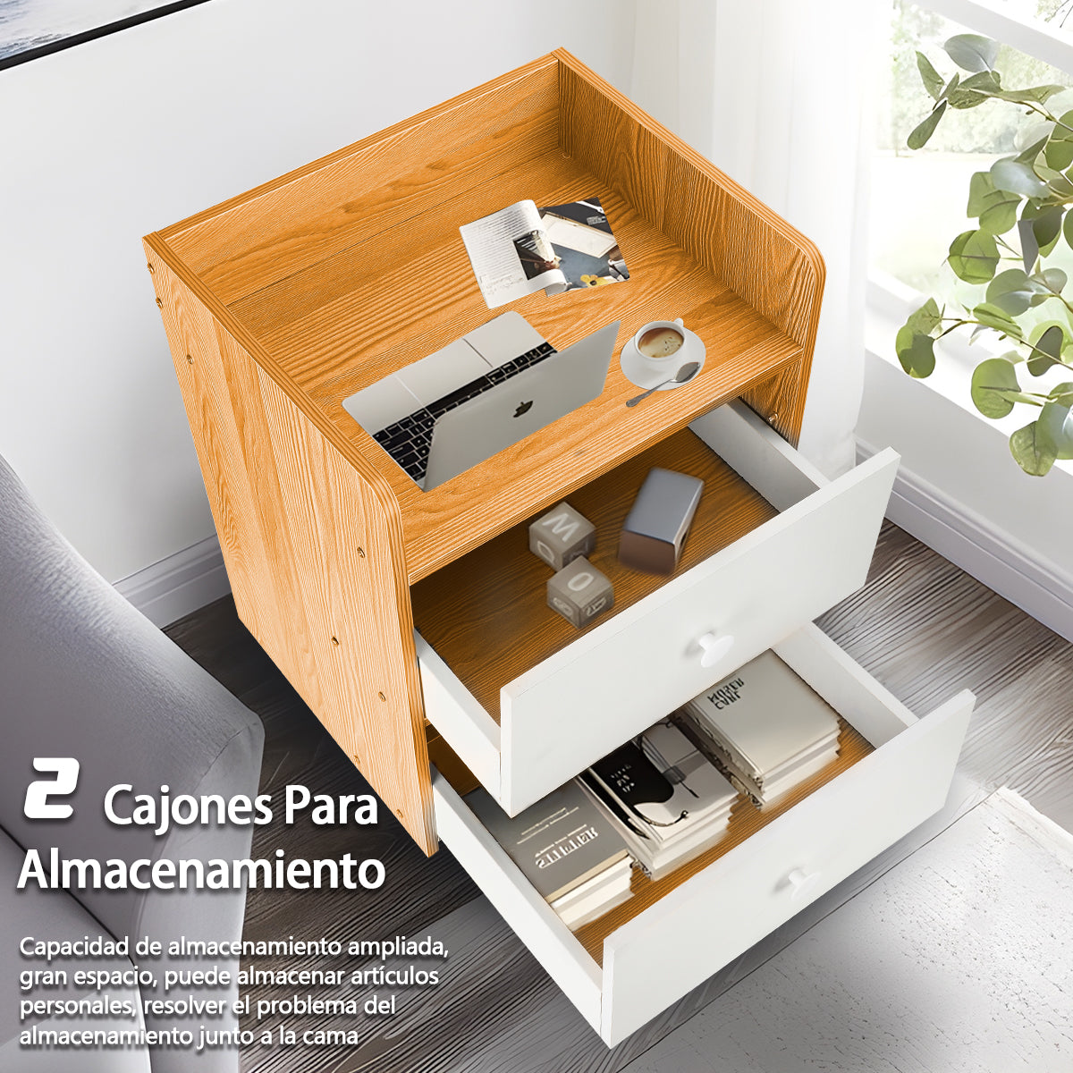 Mesita de Noche - Estilo Moderno 2 Cajones (Arce nórdico）