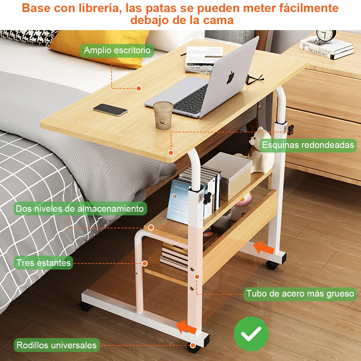 Escritorio Altura Ajustable Mesa Auxiliar con Ruedas