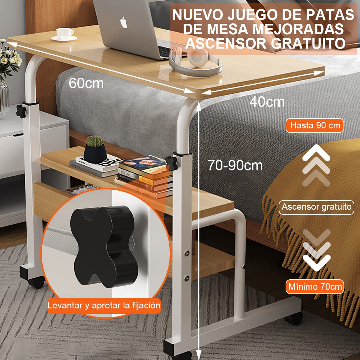 Escritorio Altura Ajustable Mesa Auxiliar con Ruedas