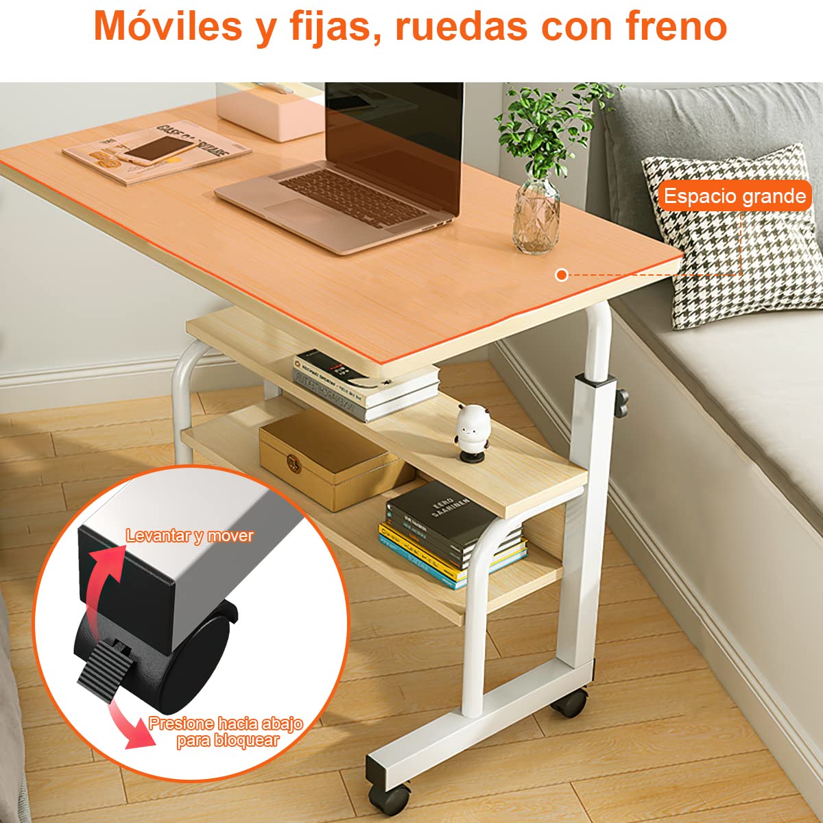 Escritorio Altura Ajustable Mesa Auxiliar con Ruedas