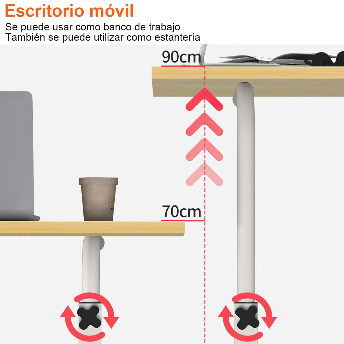 Escritorio Altura Ajustable Mesa Auxiliar con Ruedas