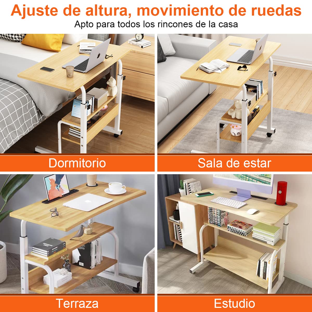 Escritorio Altura Ajustable Mesa Auxiliar con Ruedas
